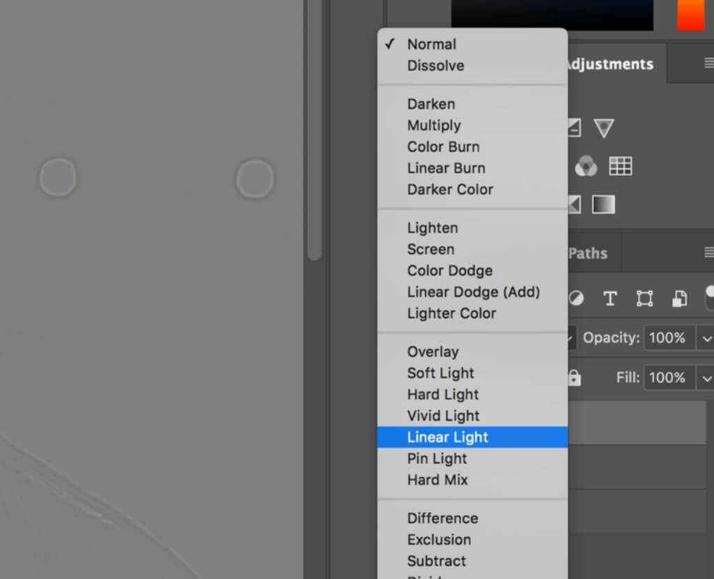 Selecting Linear Light Blending Mode in Photoshop for Frequency Separation Tutorial