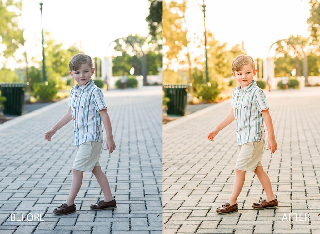 Before and after photo comparison showing editing improvements using Pretty Presets
