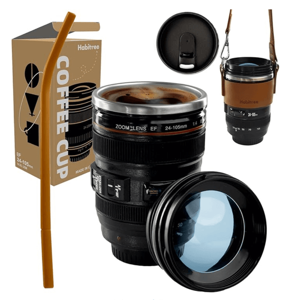 Fun novelty camera lens mug – quirky photography gift idea for coffee-loving photographers.