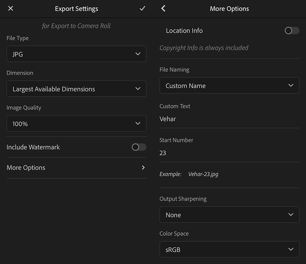 Lightroom Mobile Export Settings for Print