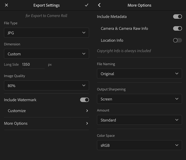 Lightroom Mobile Export Settings for Facebook