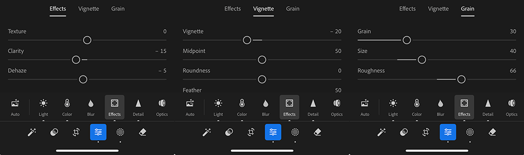 Effects panel in Lightroom Mobile showing clarity, texture, vignette, and grain adjustments to recreate film texture