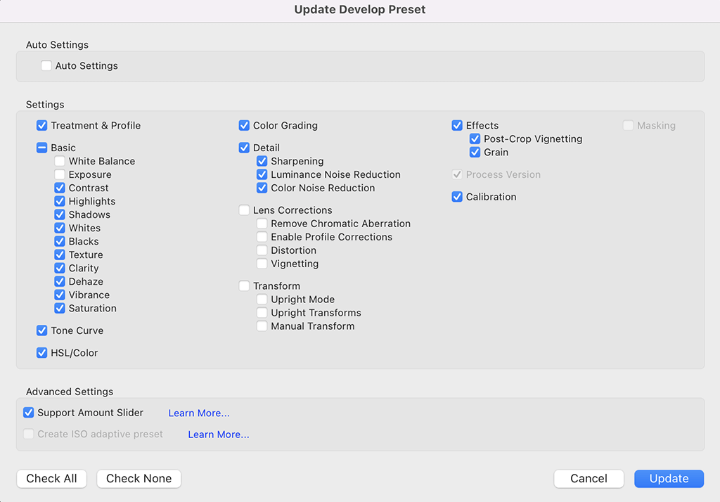 How do adjust opacity of presets in Lightroom