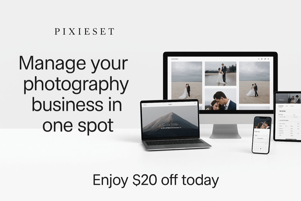 Pixieset free trial and Pretty Presets affiliate $20-off offer graphic