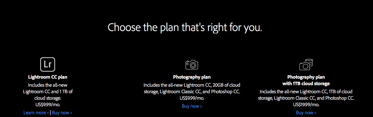 Adobe Lightroom CC Plans