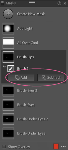 Using the Add or Subtract buttons in the Masks Panel