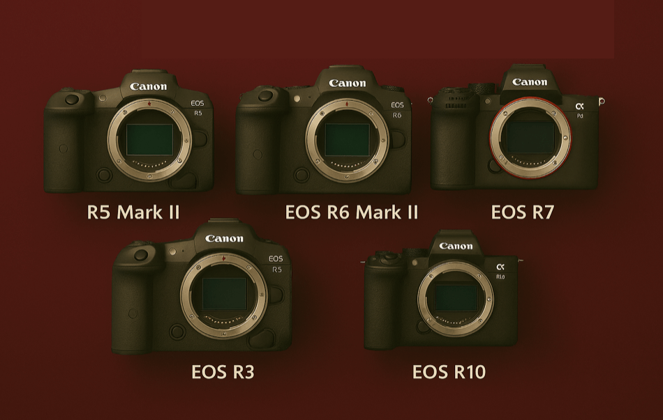 Canon mirrorless cameras 2025 lineup including EOS R5 Mark II, R6 Mark II, R7, R3, and R10 models for photographers