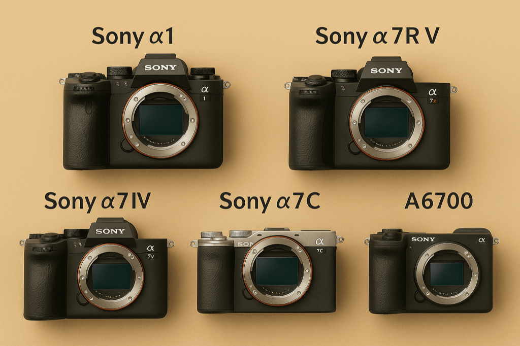 Top Sony mirrorless cameras in 2025 including Sony Alpha 1, Alpha 7R V, Alpha 7 IV, Alpha 7C, and A6700 for hybrid photo and video