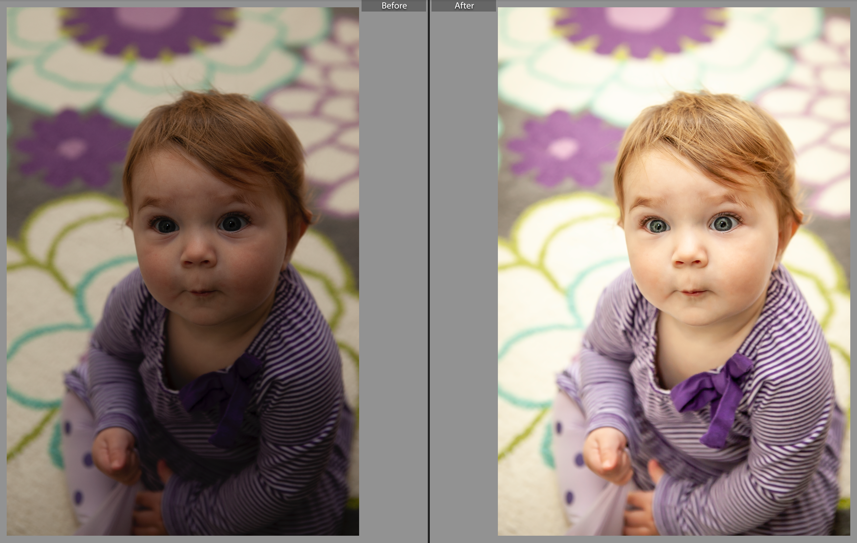 Before and After of baby portrait edit in Lightroom